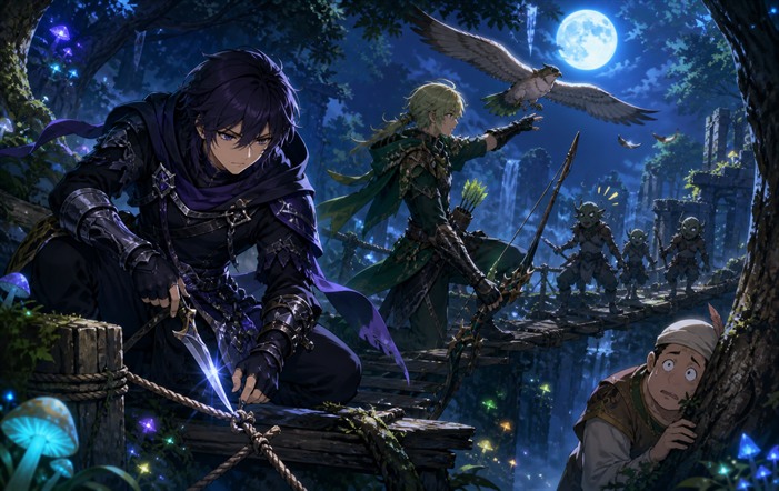 Assassin and Hunter perform a moonlit forest rescue