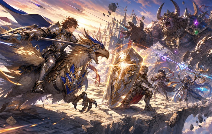 Knight and Crusader defend a sky fortress from a giant monster