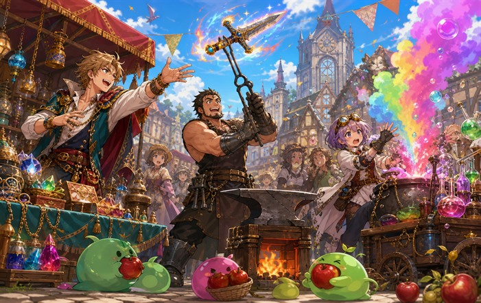 Merchant Blacksmith and Alchemist cause cheerful chaos in the market
