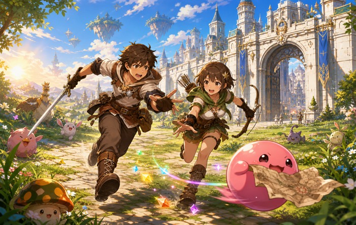 Novice swordsman and archer chase a Poring that stole their map
